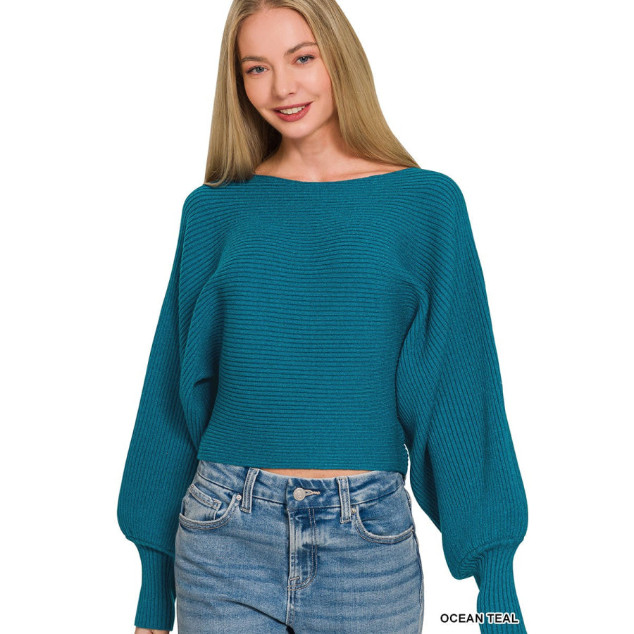 Zenana Boat Neck Balloon Sleeve Sweater OCEAN TEAL / S Apparel and Accessories
