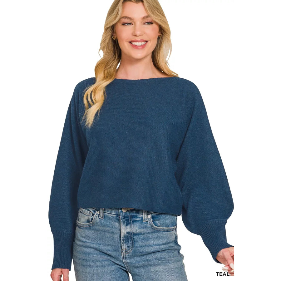 Zenana Boat Neck Balloon Sleeve Sweater TEAL / S Apparel and Accessories