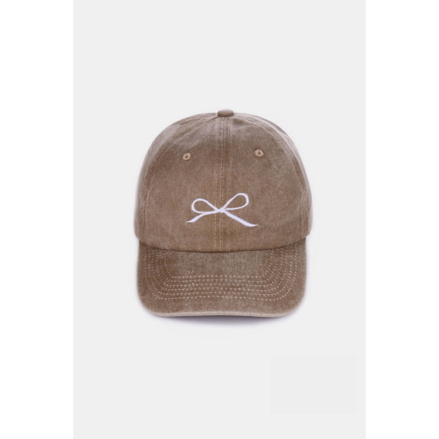 Zenana Bow Embroidered Washed Cotton Caps Mocha / One Size Apparel and Accessories