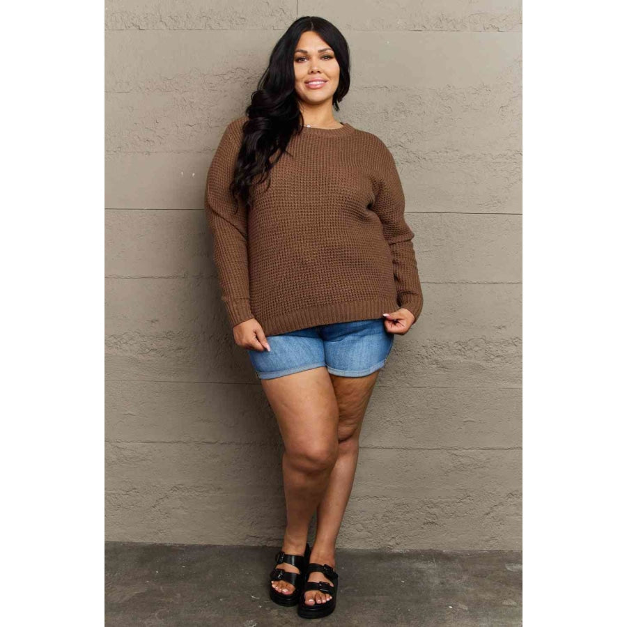 Zenana Breezy Days Plus Size High Low Waffle Knit Sweater Apparel and Accessories