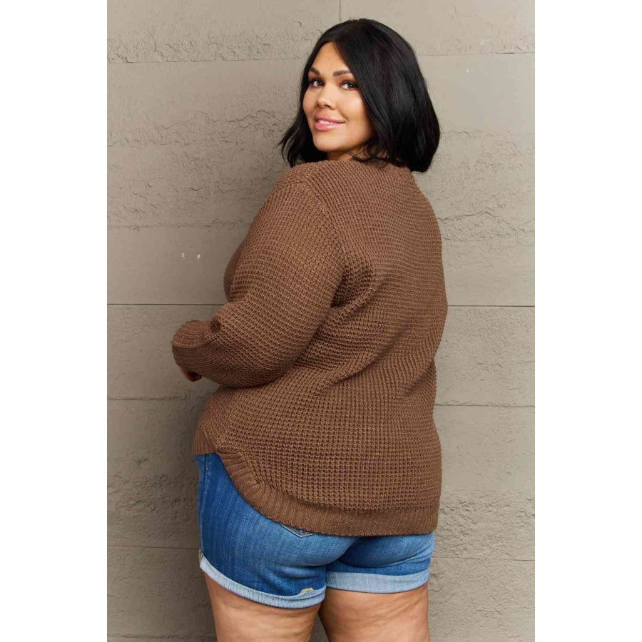 Zenana Breezy Days Plus Size High Low Waffle Knit Sweater Apparel and Accessories