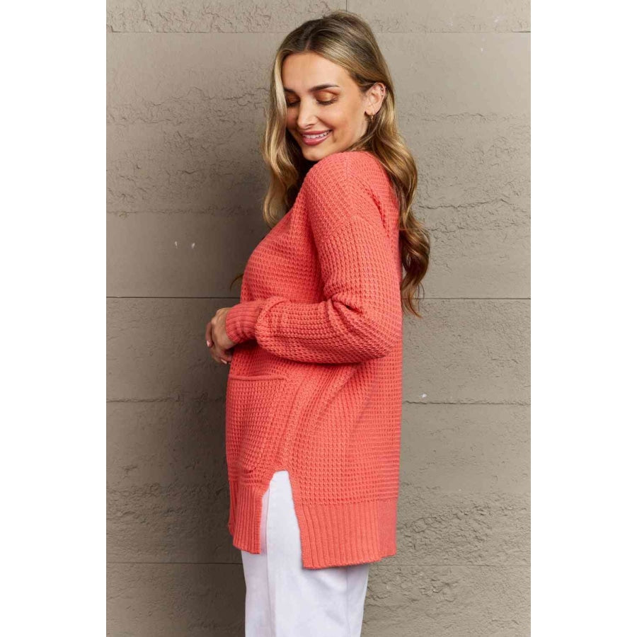 Zenana Bright & Cozy Full Size Waffle Knit Cardigan Coral / S Clothing