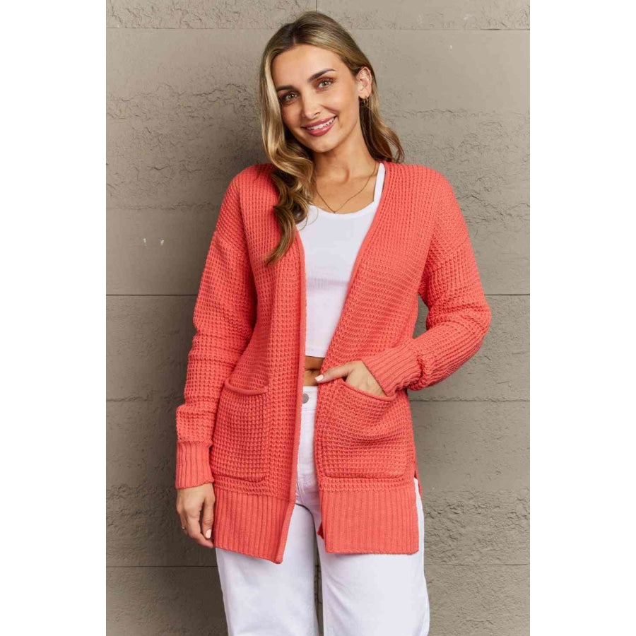 Zenana Bright &amp; Cozy Full Size Waffle Knit Cardigan Coral / S Clothing