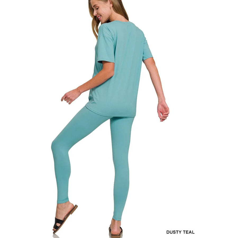 Zenana Brushed Dty Microfiber Short Sleeve Top and Pants Loungewear Set DUSTY TEAL / S Apparel and Accessories