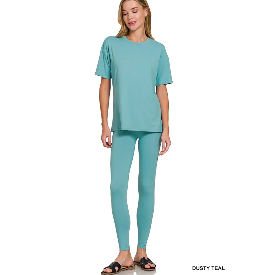 Zenana Brushed Dty Microfiber Short Sleeve Top and Pants Loungewear Set DUSTY TEAL / S Apparel and Accessories