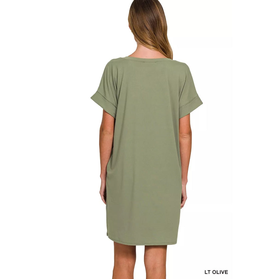 Zenana Brushed Dty Rolled Short Sleeve V-Neck Dress Apparel and Accessories