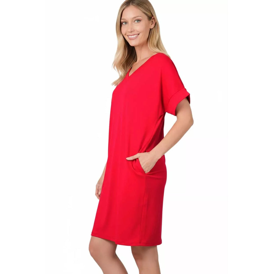 Zenana Brushed Dty Rolled Short Sleeve V-Neck Dress Apparel and Accessories