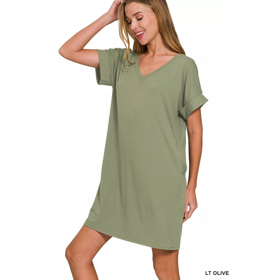 Zenana Brushed Dty Rolled Short Sleeve V-Neck Dress Apparel and Accessories