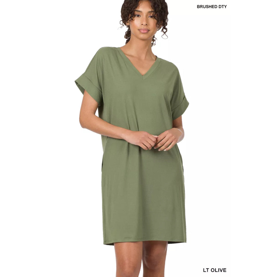 Zenana Brushed Dty Rolled Short Sleeve V-Neck Dress ASH JADE / S Apparel and Accessories