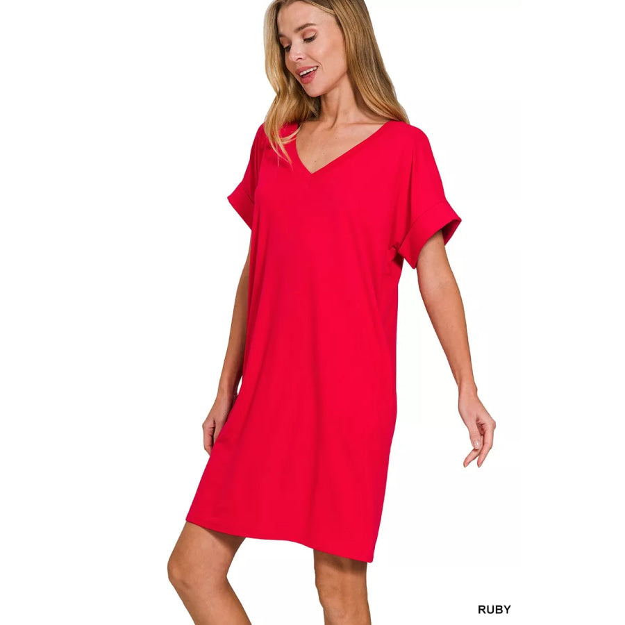 Zenana Brushed Dty Rolled Short Sleeve V-Neck Dress Apparel and Accessories