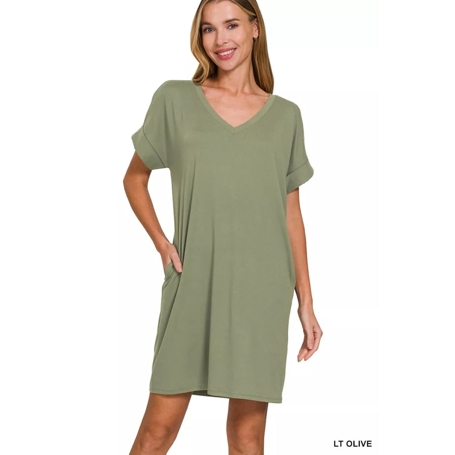 Zenana Brushed Dty Rolled Short Sleeve V-Neck Dress ASH JADE / S Apparel and Accessories