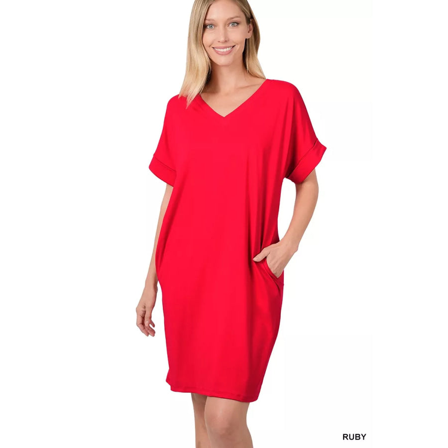 Zenana Brushed Dty Rolled Short Sleeve V-Neck Dress RUBY / S Apparel and Accessories