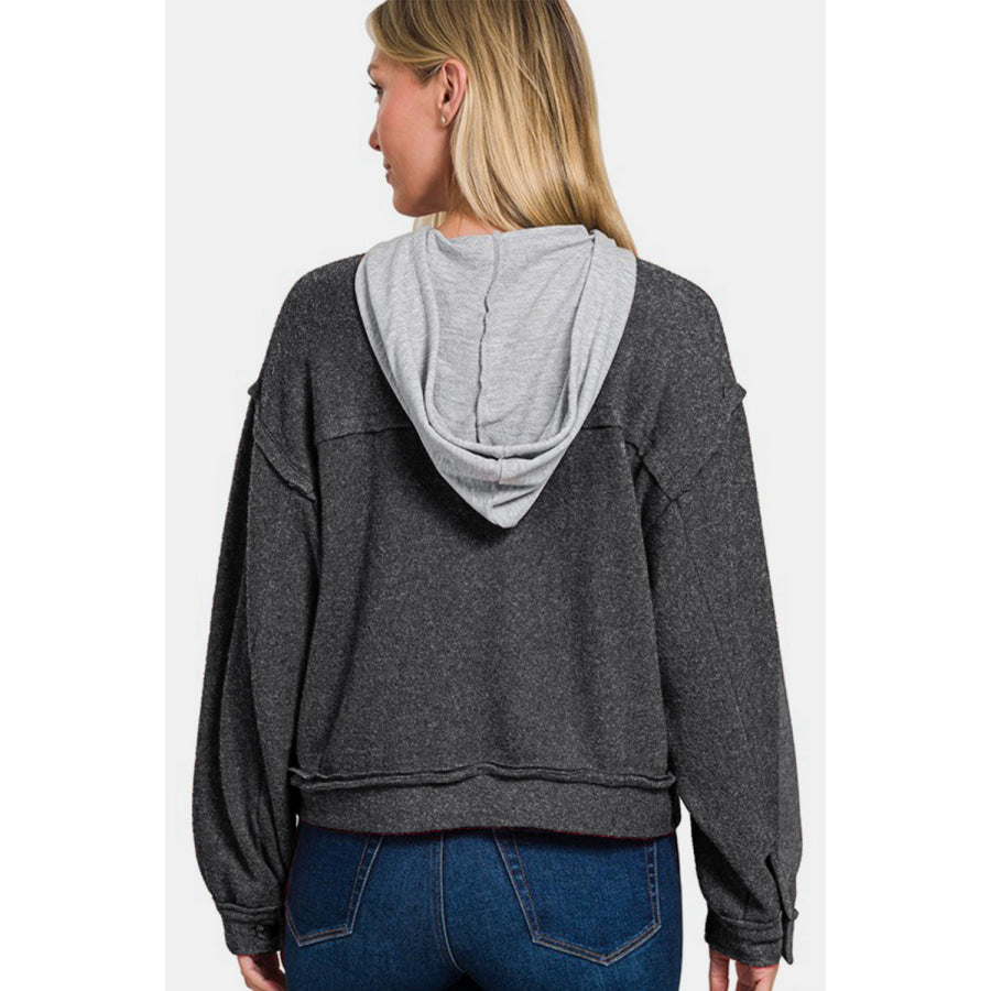 Zenana Brushed Hacci Button Down Drawstring Hooded Shacket Apparel and Accessories