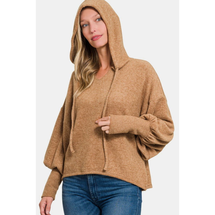 Zenana Brushed Hacci Drop Shoulder Cropped Hoodie Apparel and Accessories