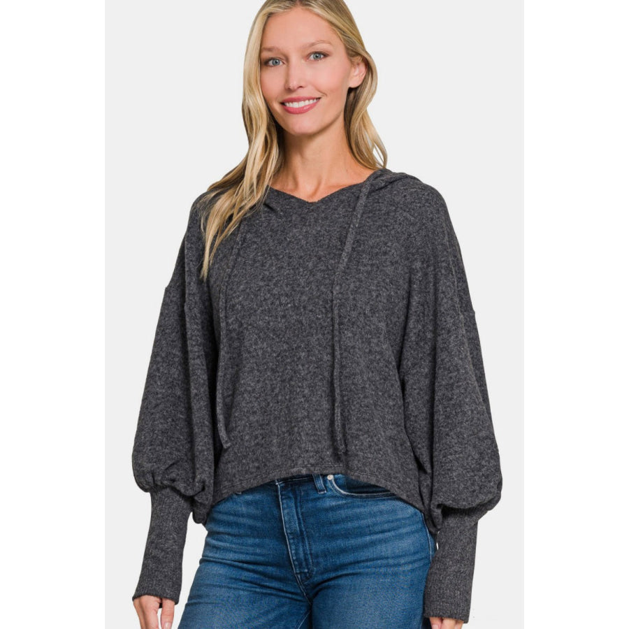 Zenana Brushed Hacci Drop Shoulder Cropped Hoodie Black / S/M Apparel and Accessories