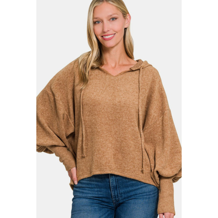 Zenana Brushed Hacci Drop Shoulder Cropped Hoodie Deep Camel / S/M Apparel and Accessories