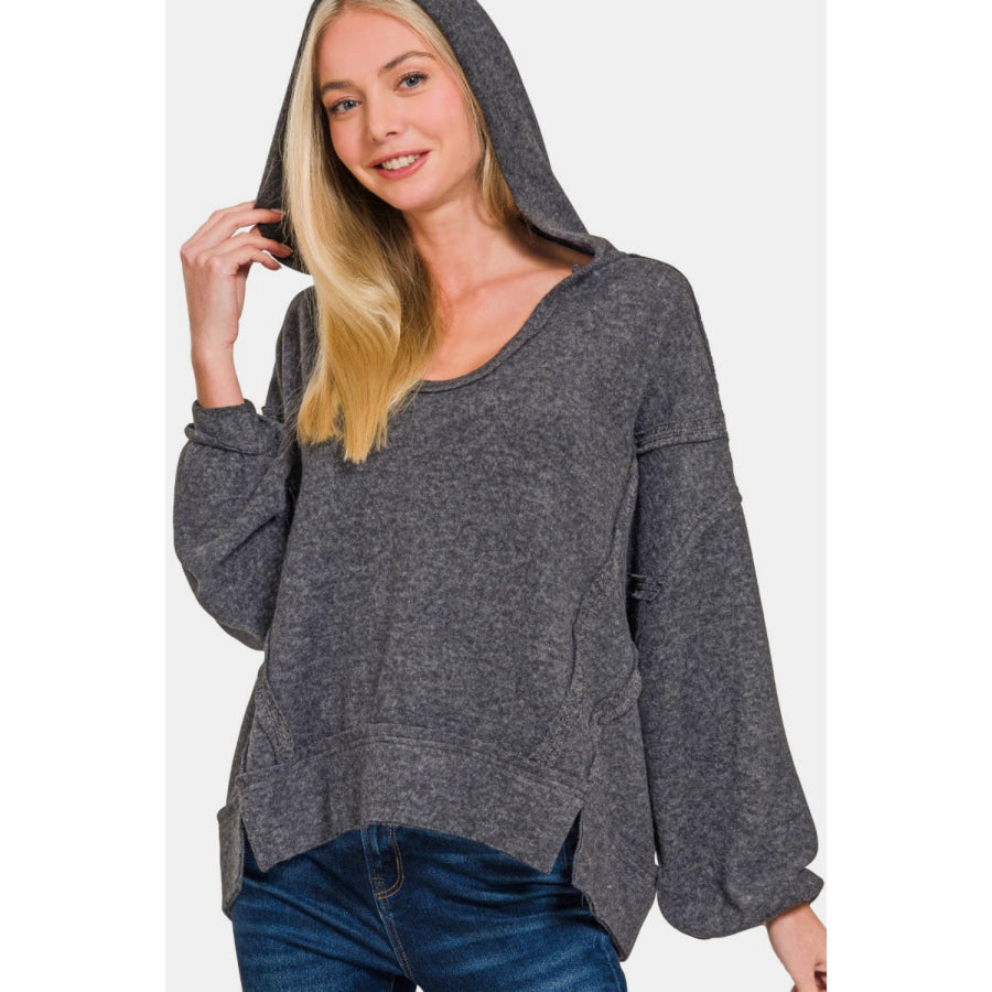 Zenana Brushed Hacci Exposed Seam Hoodie Apparel and Accessories