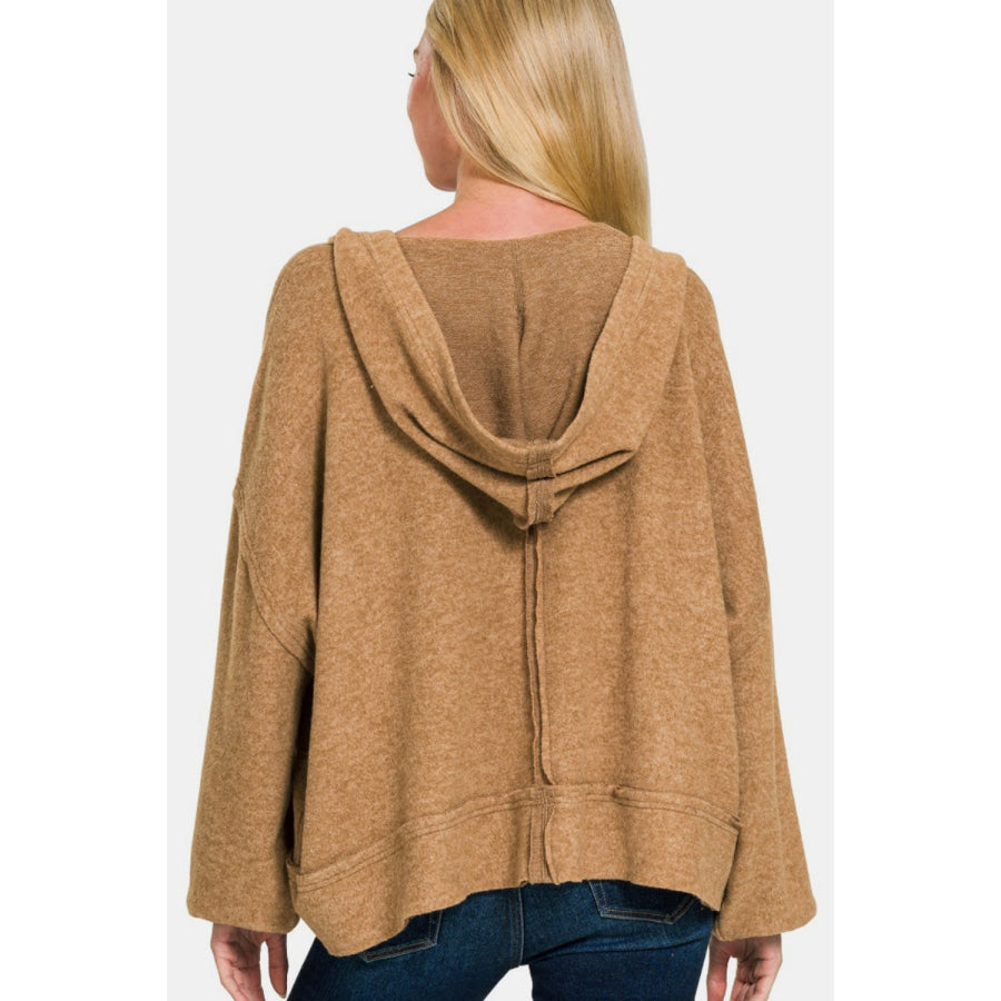 Zenana Brushed Hacci Exposed Seam Hoodie Apparel and Accessories