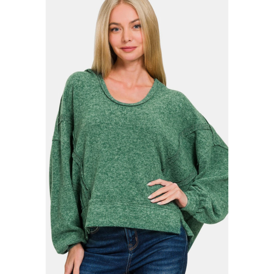 Zenana Brushed Hacci Exposed Seam Hoodie DK Green / S/M Apparel and Accessories