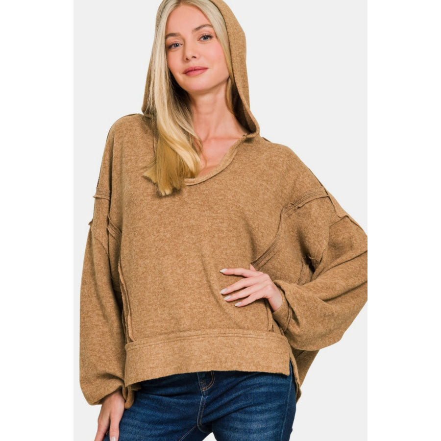 Zenana Brushed Hacci Exposed Seam Hoodie Apparel and Accessories