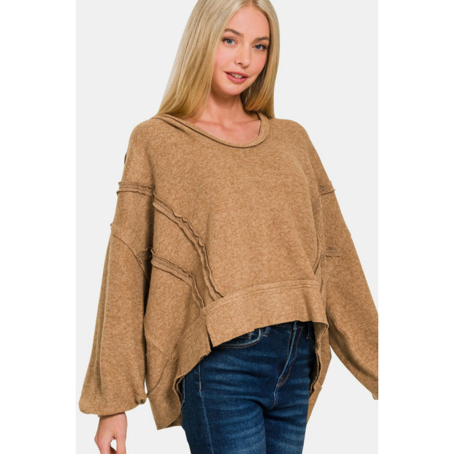 Zenana Brushed Hacci Exposed Seam Hoodie Deep Camel / S/M Apparel and Accessories