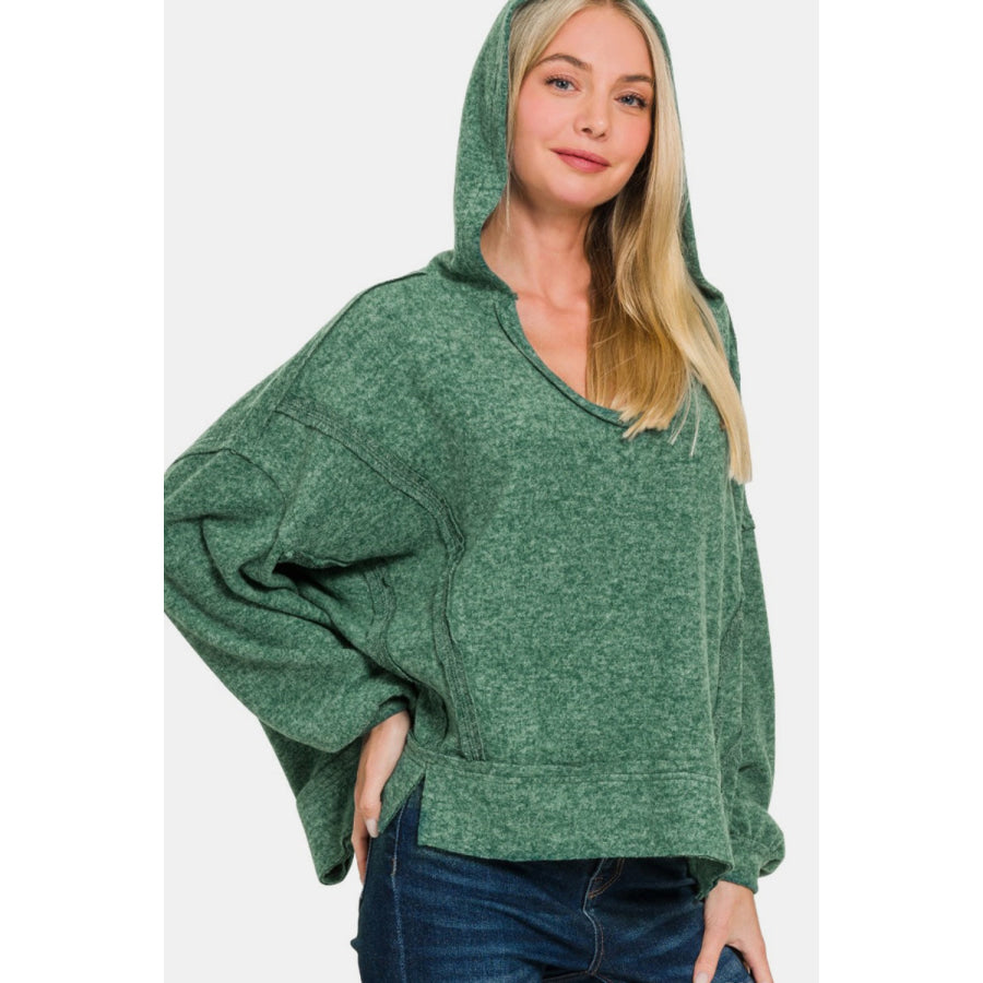 Zenana Brushed Hacci Exposed Seam Hoodie DK Green / S/M Apparel and Accessories