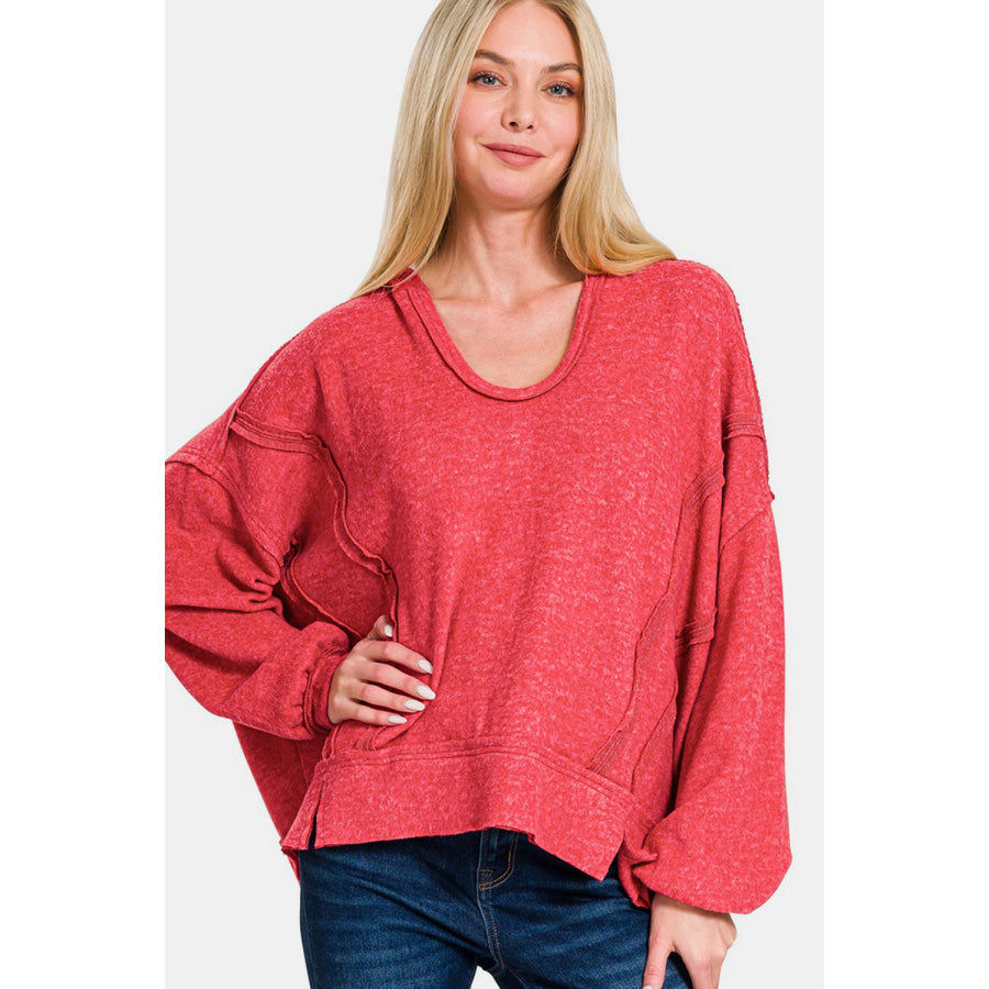 Zenana Brushed Hacci Exposed Seam Hoodie Red / S/M Apparel and Accessories