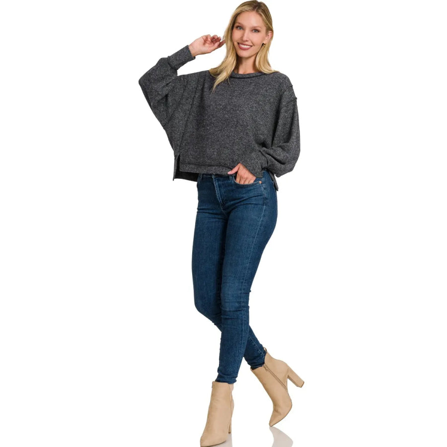 Zenana Brushed Melange Hacci Oversized Pullover BLACK / S/M Apparel and Accessories