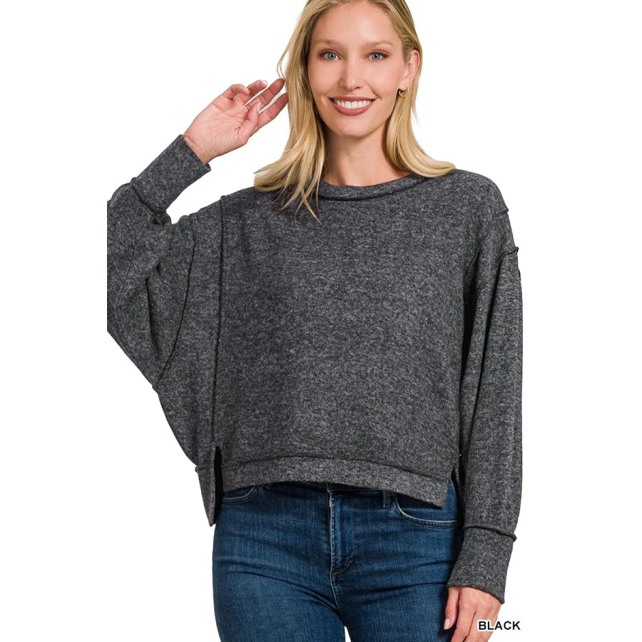 Zenana Brushed Melange Hacci Oversized Pullover BLACK / S/M Apparel and Accessories