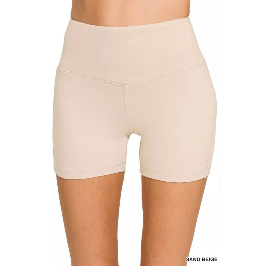 Zenana Brushed Microfiber Wide Waistband Biker Shorts SAND BEIGE / S Apparel and Accessories