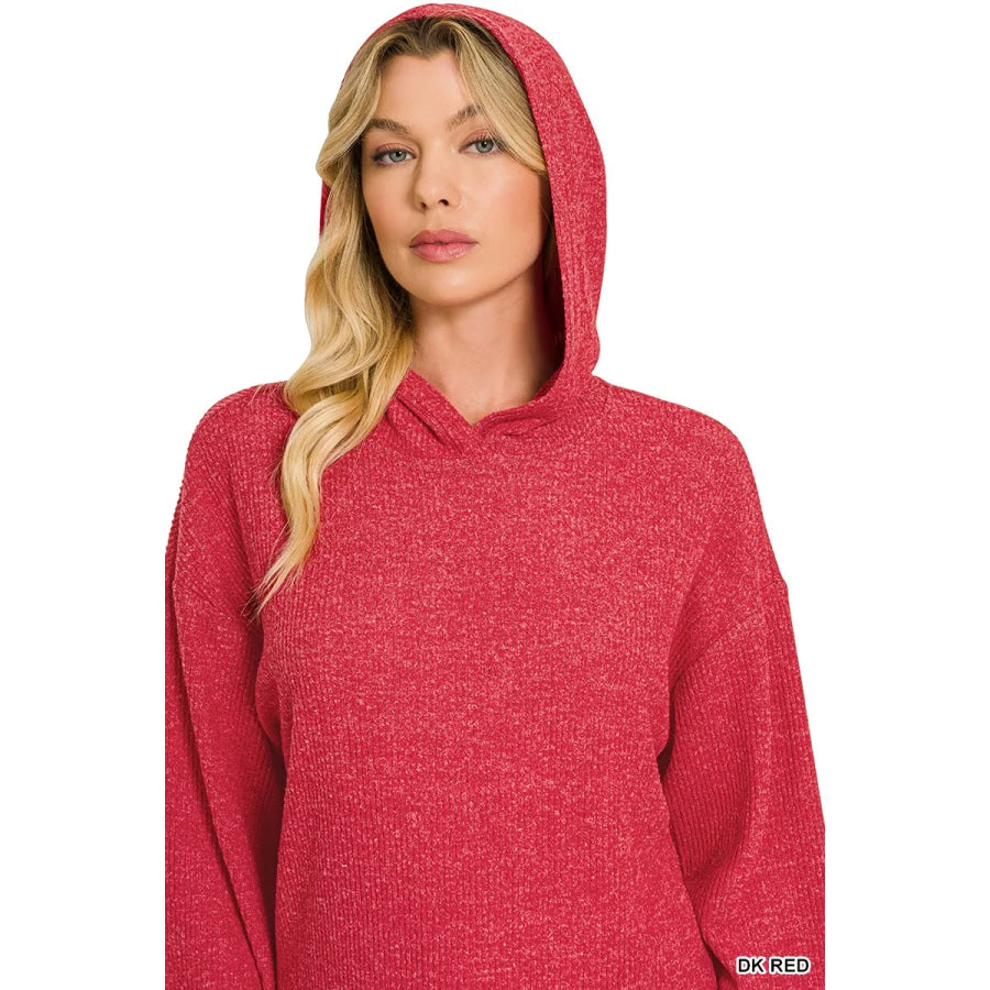 Zenana Brushed Ribbed Hacci Hoodie Pullover Apparel and Accessories