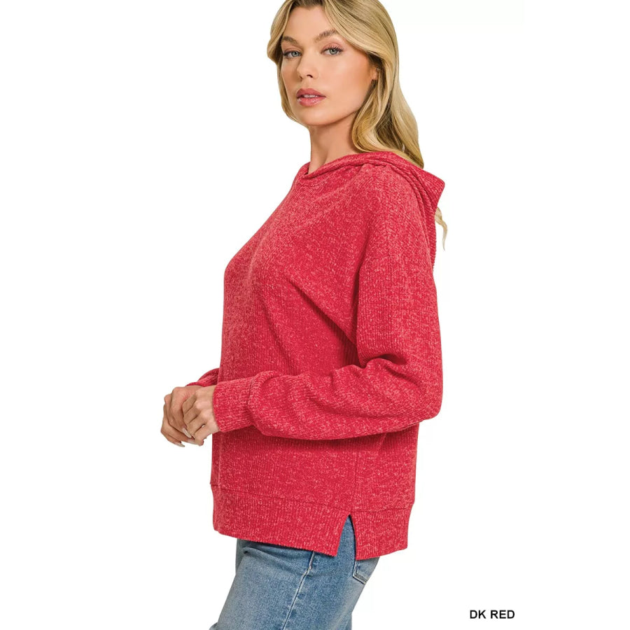 Zenana Brushed Ribbed Hacci Hoodie Pullover Apparel and Accessories