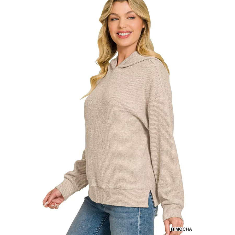 Zenana Brushed Ribbed Hacci Hoodie Pullover H MOCHA / S Apparel and Accessories