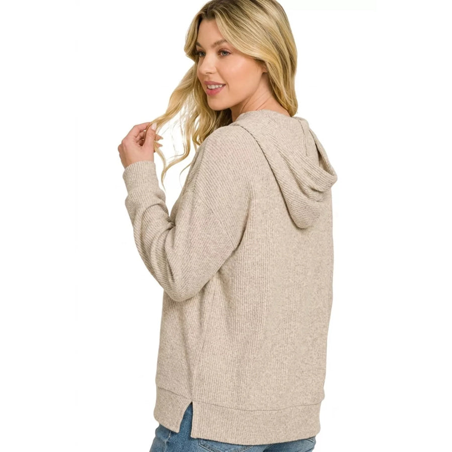 Zenana Brushed Ribbed Hacci Hoodie Pullover Apparel and Accessories
