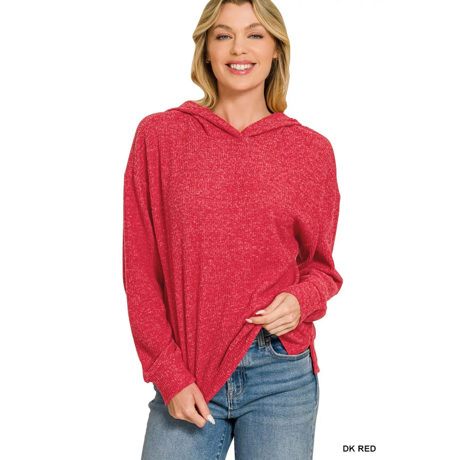 Zenana Brushed Ribbed Hacci Hoodie Pullover DK RED / S Apparel and Accessories