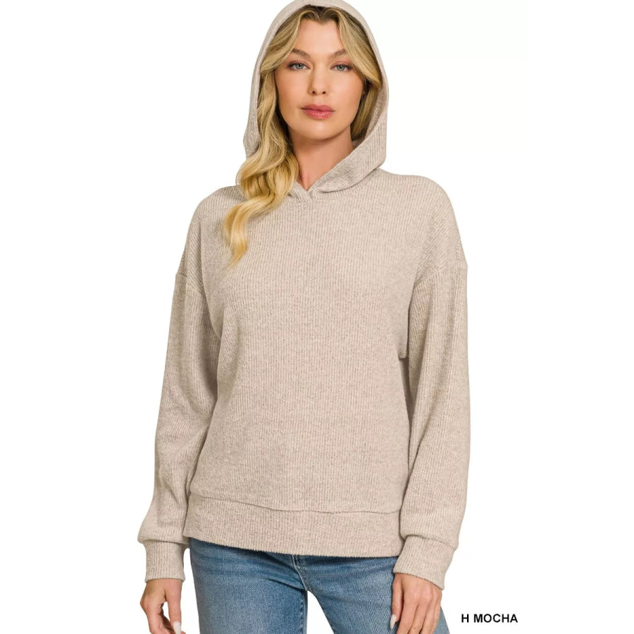 Zenana Brushed Ribbed Hacci Hoodie Pullover H MOCHA / S Apparel and Accessories