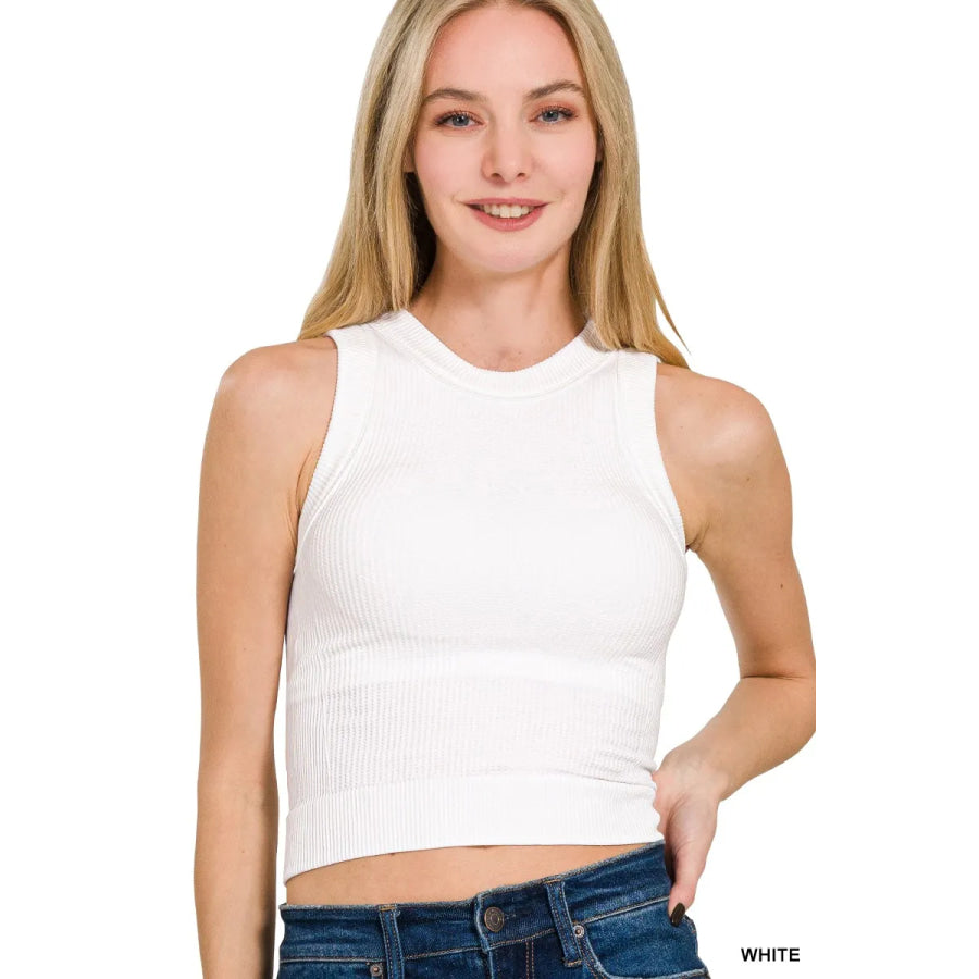 Zenana Built In Bra Seamless Crop Tank Top WHITE / S/M Apparel and Accessories