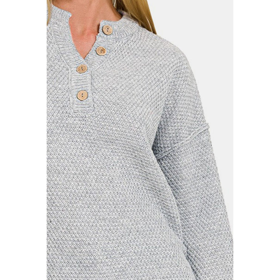 Zenana Button Closure Drop Shoulder Sweater Apparel and Accessories