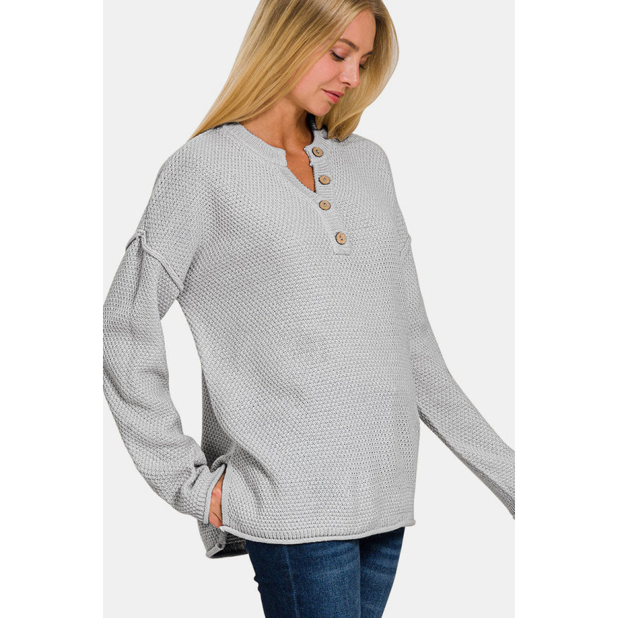 Zenana Button Closure Drop Shoulder Sweater Grey / S/M Apparel and Accessories