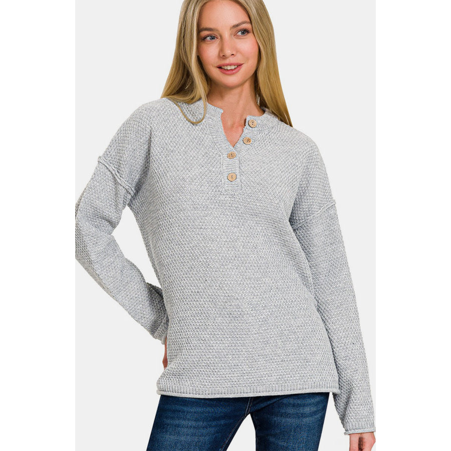 Zenana Button Closure Drop Shoulder Sweater Grey / S/M Apparel and Accessories