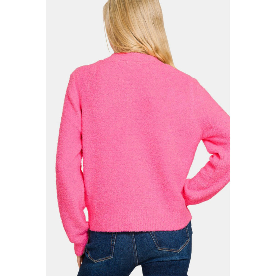 Zenana Button Down Long Sleeve Sweater Cardigan Fuchsia / S Apparel and Accessories