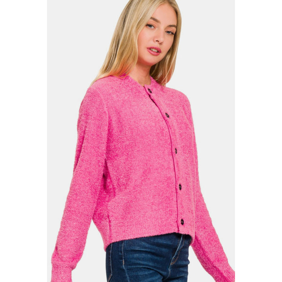 Zenana Button Down Long Sleeve Sweater Cardigan Fuchsia / S Apparel and Accessories