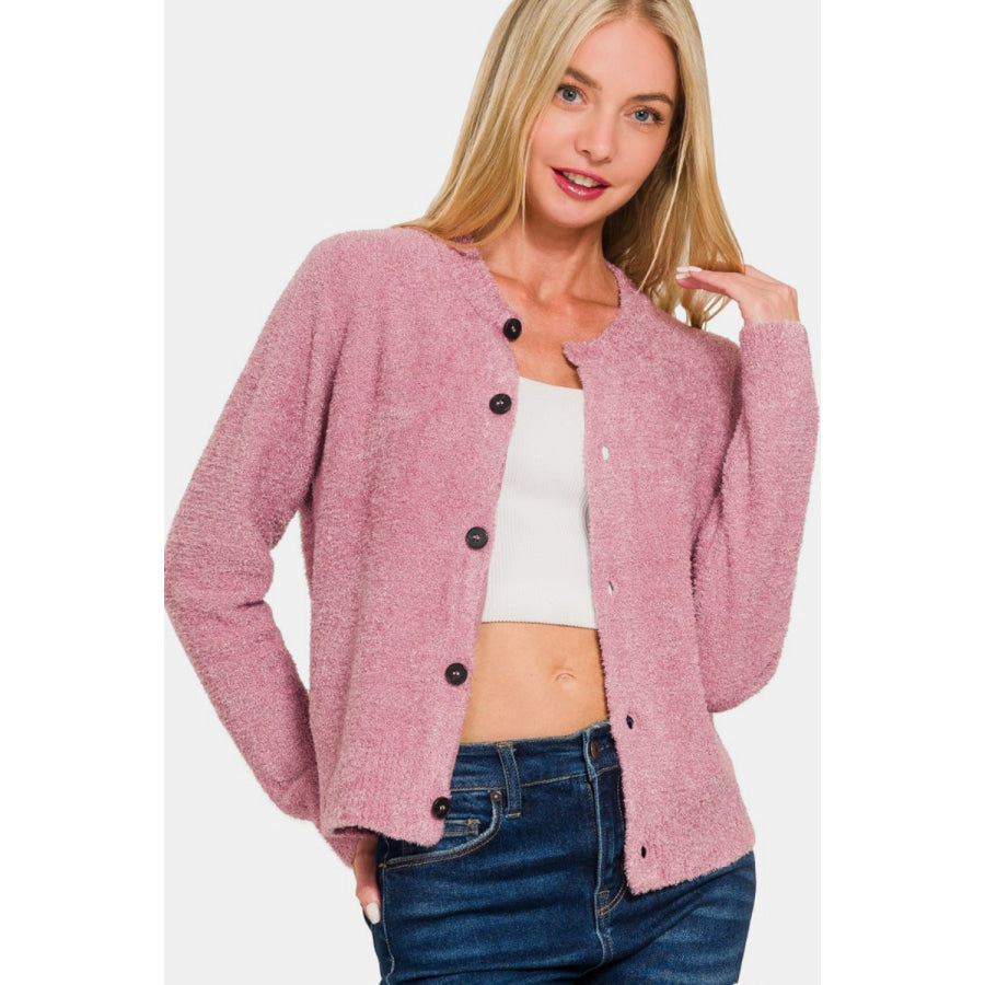 Zenana Button Down Long Sleeve Sweater Cardigan Lt Rose / S Apparel and Accessories