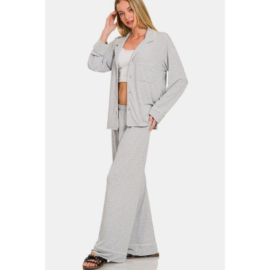 Zenana Button Down Long Sleeve Top and Pants Lounge Set Apparel and Accessories