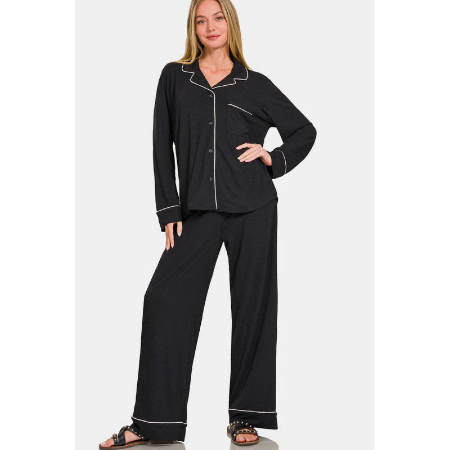 Zenana Button Down Long Sleeve Top and Pants Lounge Set Apparel and Accessories