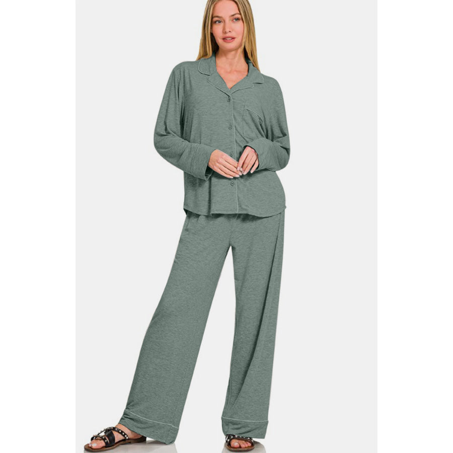 Zenana Button Down Long Sleeve Top and Pants Lounge Set Apparel and Accessories