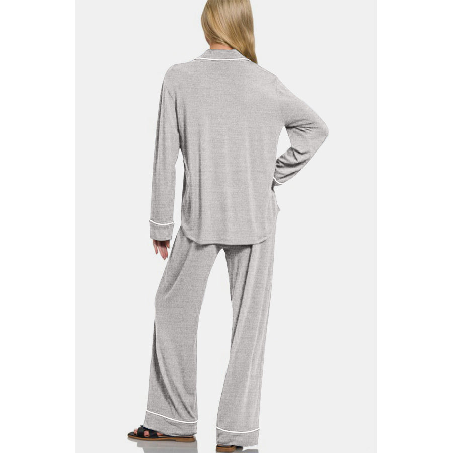 Zenana Button Down Long Sleeve Top and Pants Lounge Set Light Gray / S Apparel and Accessories