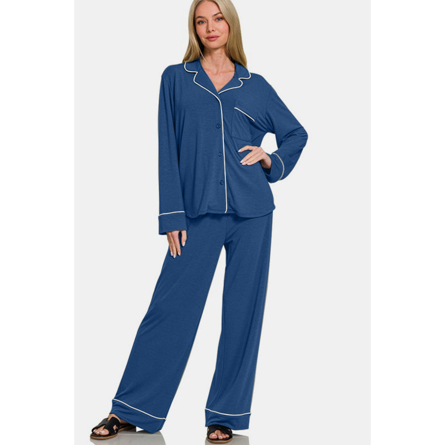 Zenana Button Down Long Sleeve Top and Pants Lounge Set Apparel and Accessories