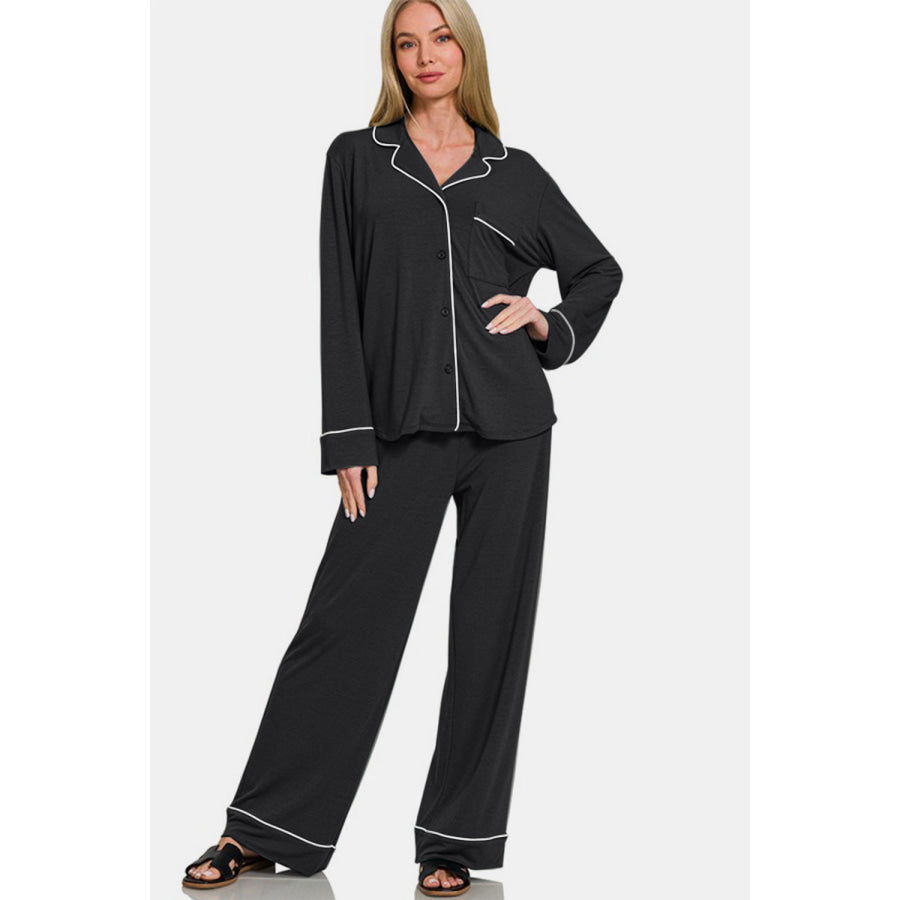 Zenana Button Down Long Sleeve Top and Pants Lounge Set Apparel and Accessories