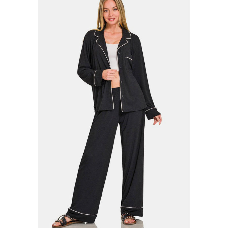 Zenana Button Down Long Sleeve Top and Pants Lounge Set Black / S Apparel and Accessories